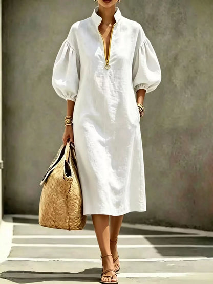 Half-Zip Puff Sleeve Midi Dress