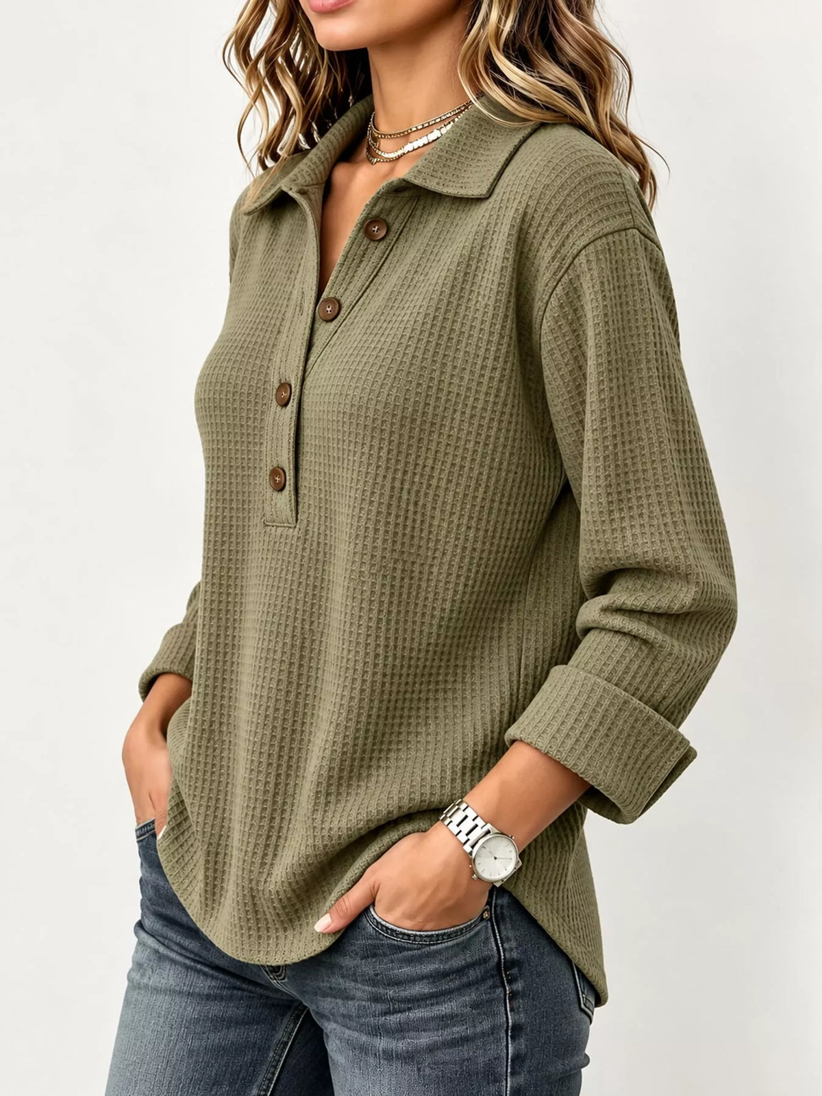 Full Size Waffle Knit Long Sleeve Polo Top Plus Size