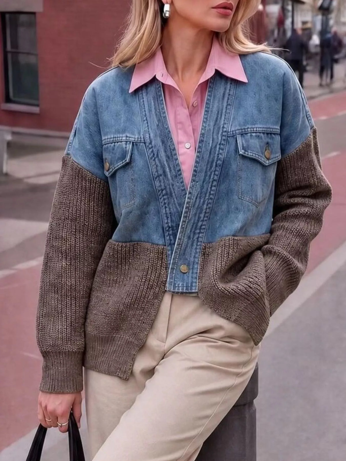 Contrast Denim and Knit Patchwork Cardigan