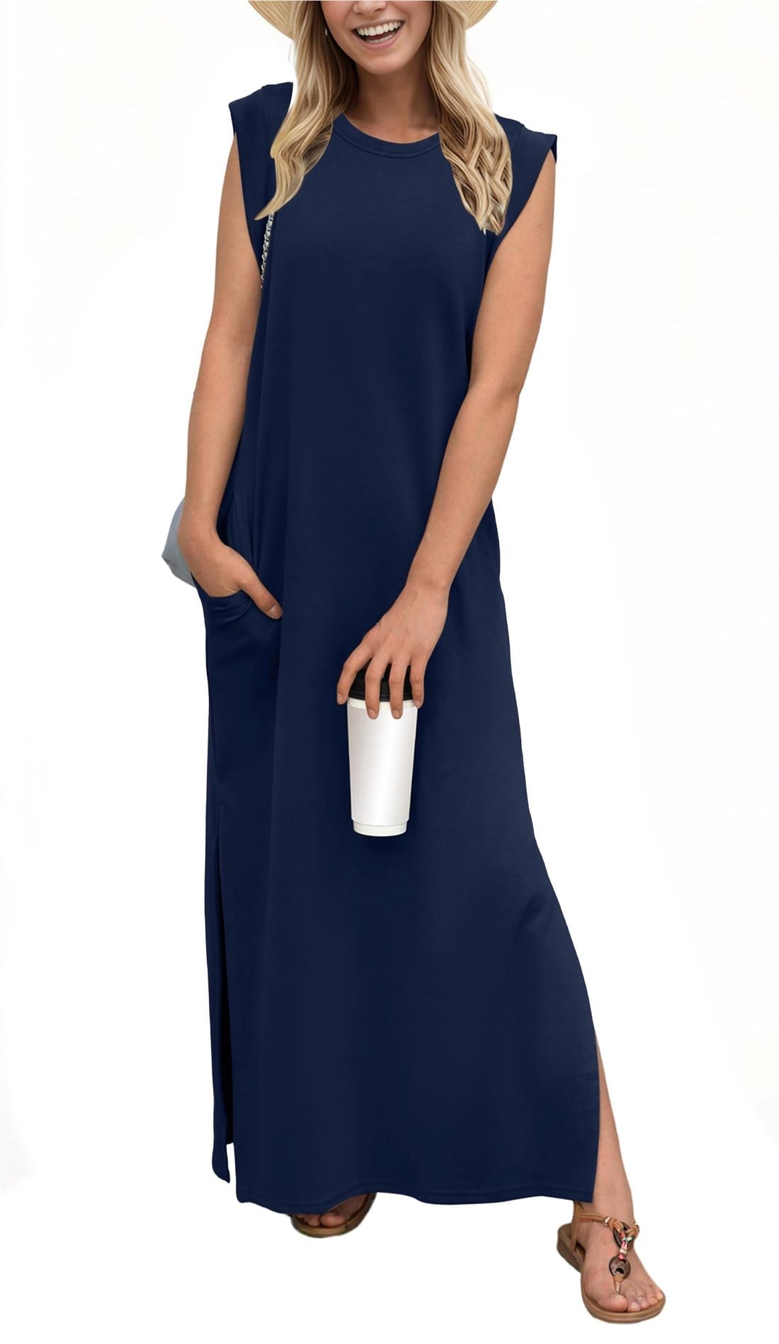 Women Round Neck Casual Loose Split Wrinkle-Free Long Maxi Beach Dress with Pockets