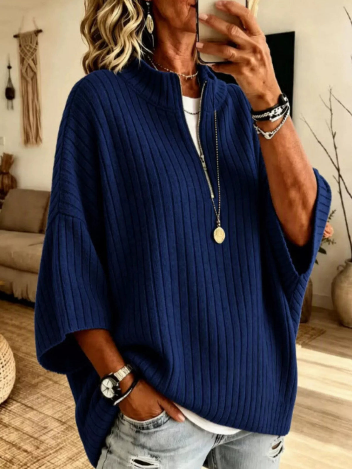 Half-Zip Ribbed Knit Top