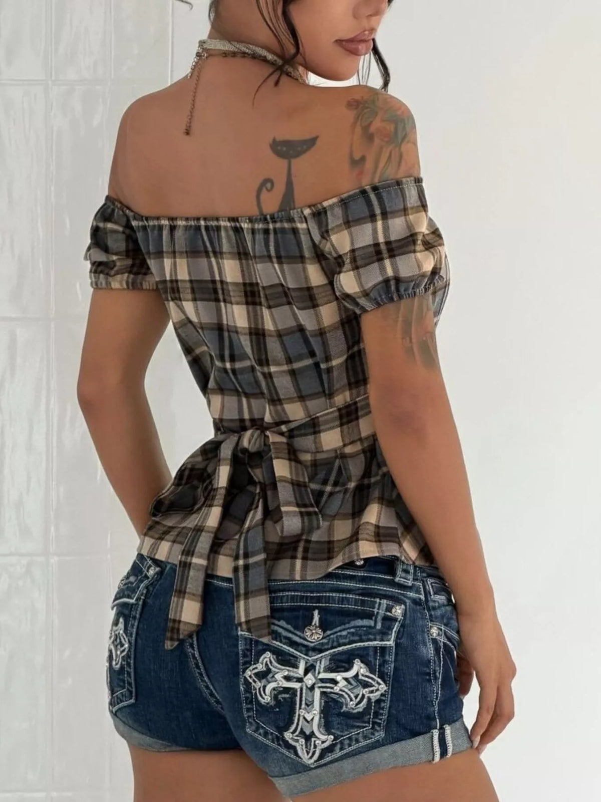 Off-Shoulder Plaid Blouse