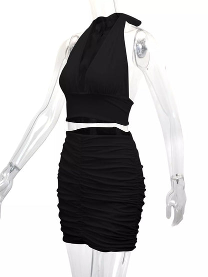 Halter Crop Top and Ruched Bodycon Mini Skirt Set