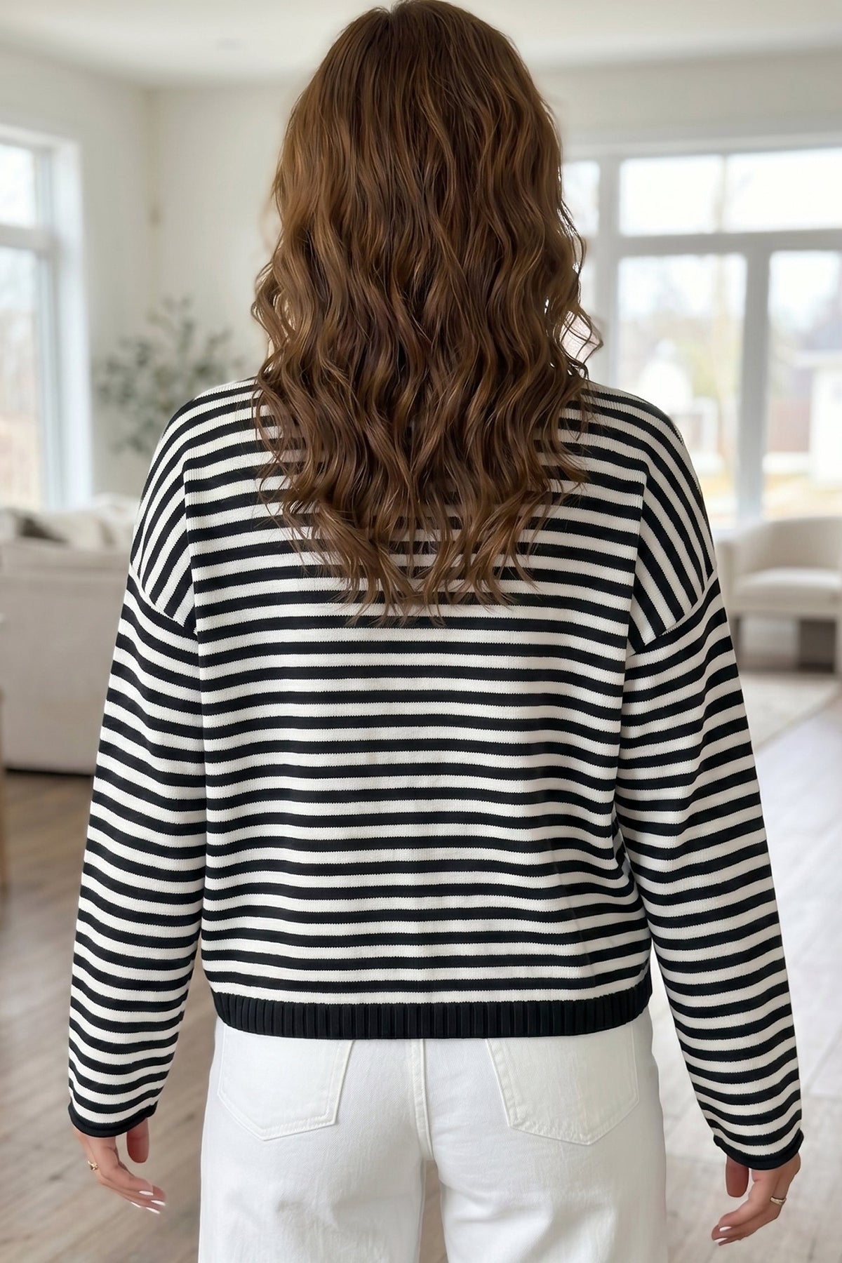 Green Stripe Striped Button Placket Drop Shoulder Long Sleeve Sweater