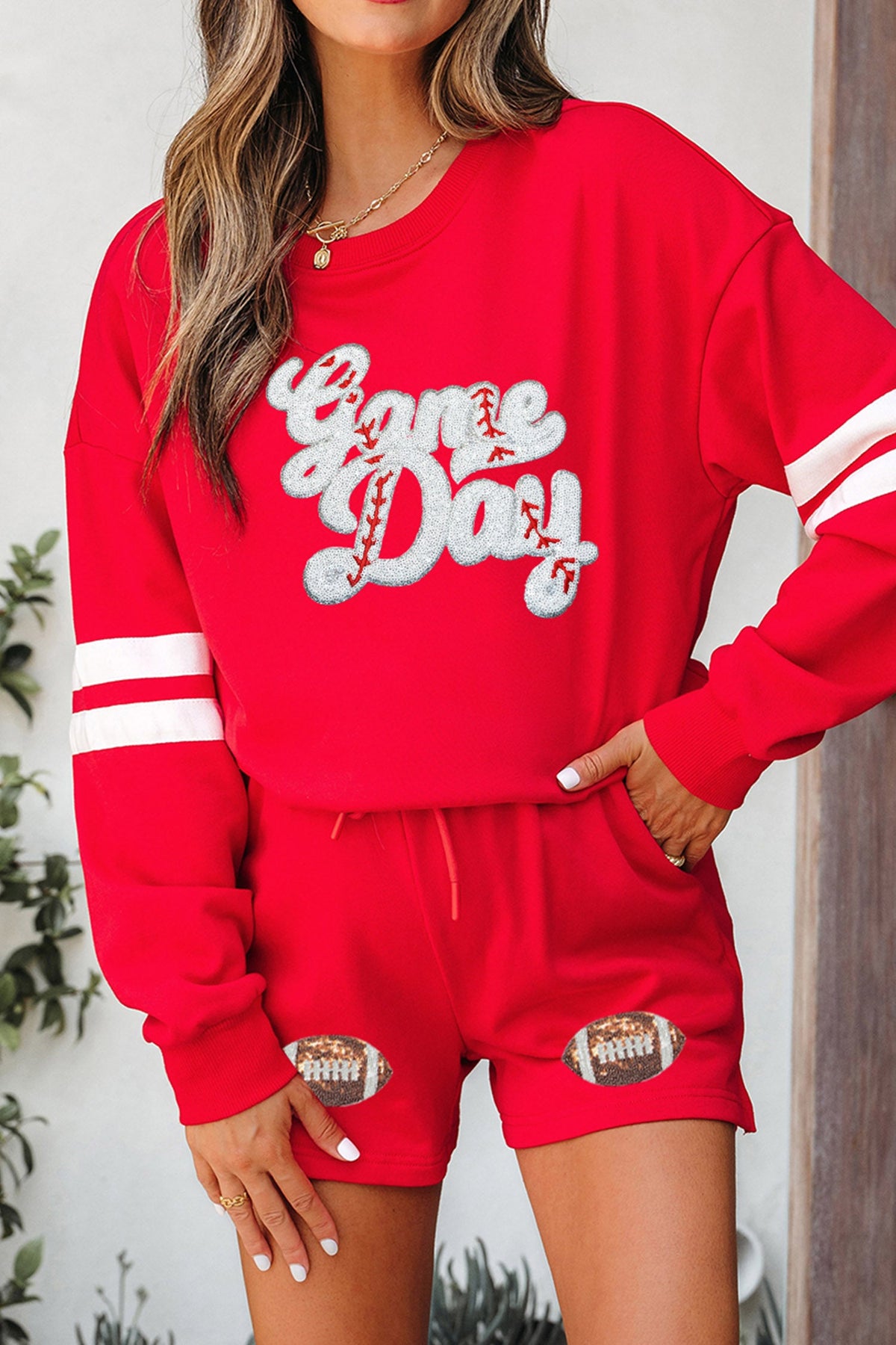 Fiery Red Glitter Game Day Slogan Football Patch Varsity Graphic Two Piece Set