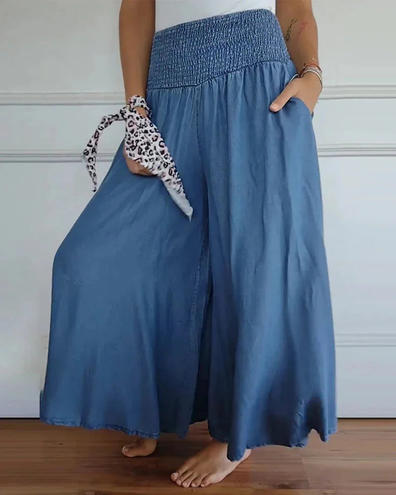 Wide Leg Pant With Smocked Waist Blue S