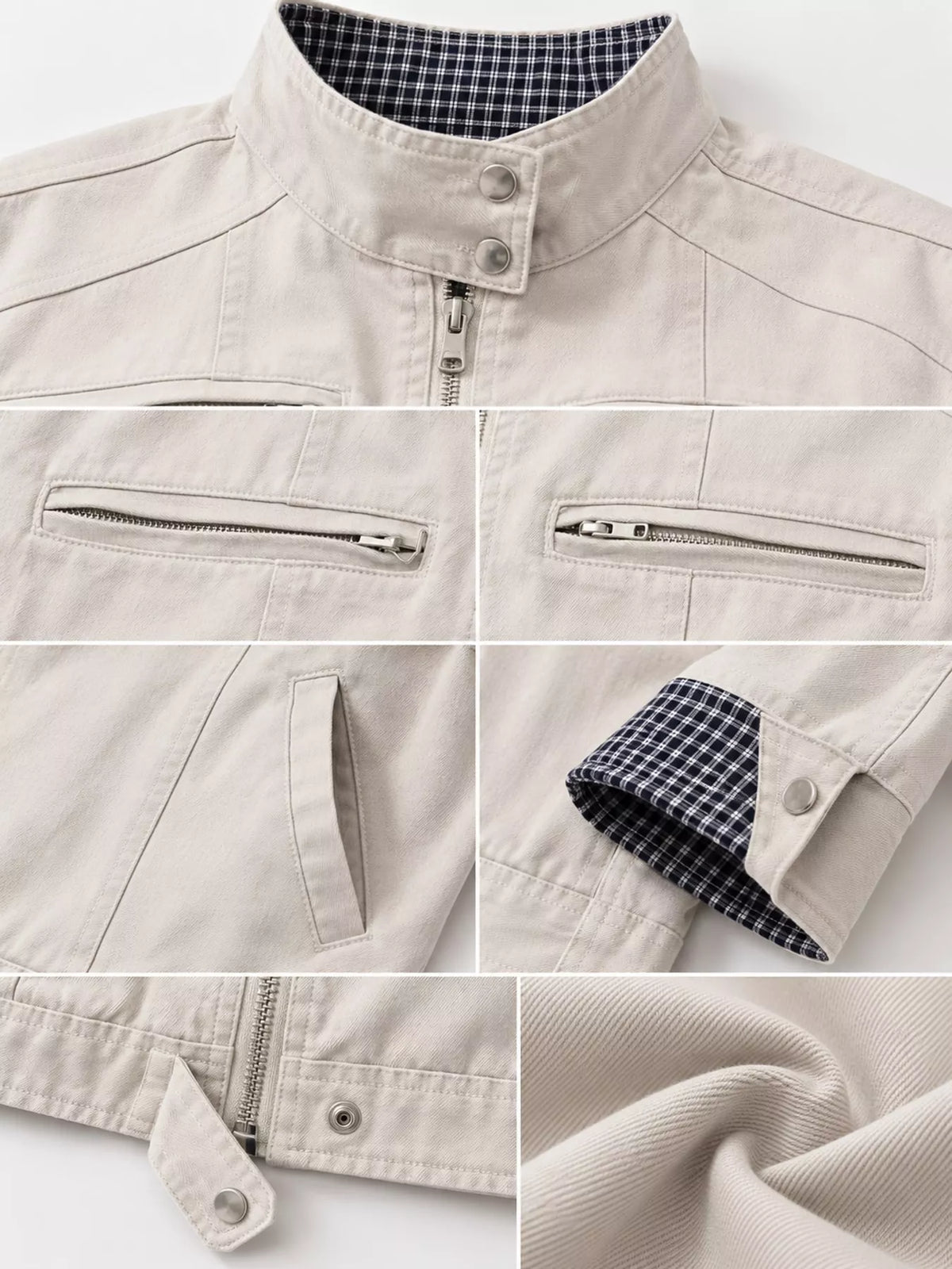 Contrast Plaid Cuffs Zip Up Jacket