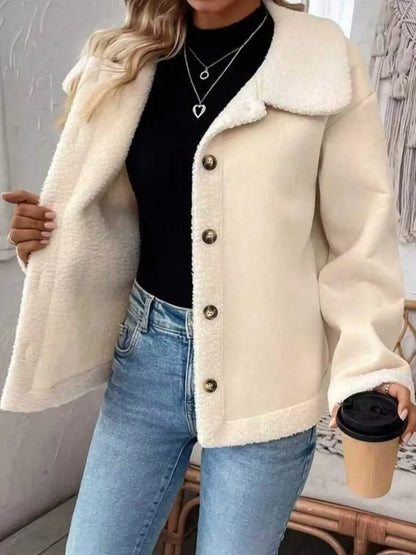 Full Size Cozy Faux Suede Sherpa-Lined Button-Down Jacket Plus Size