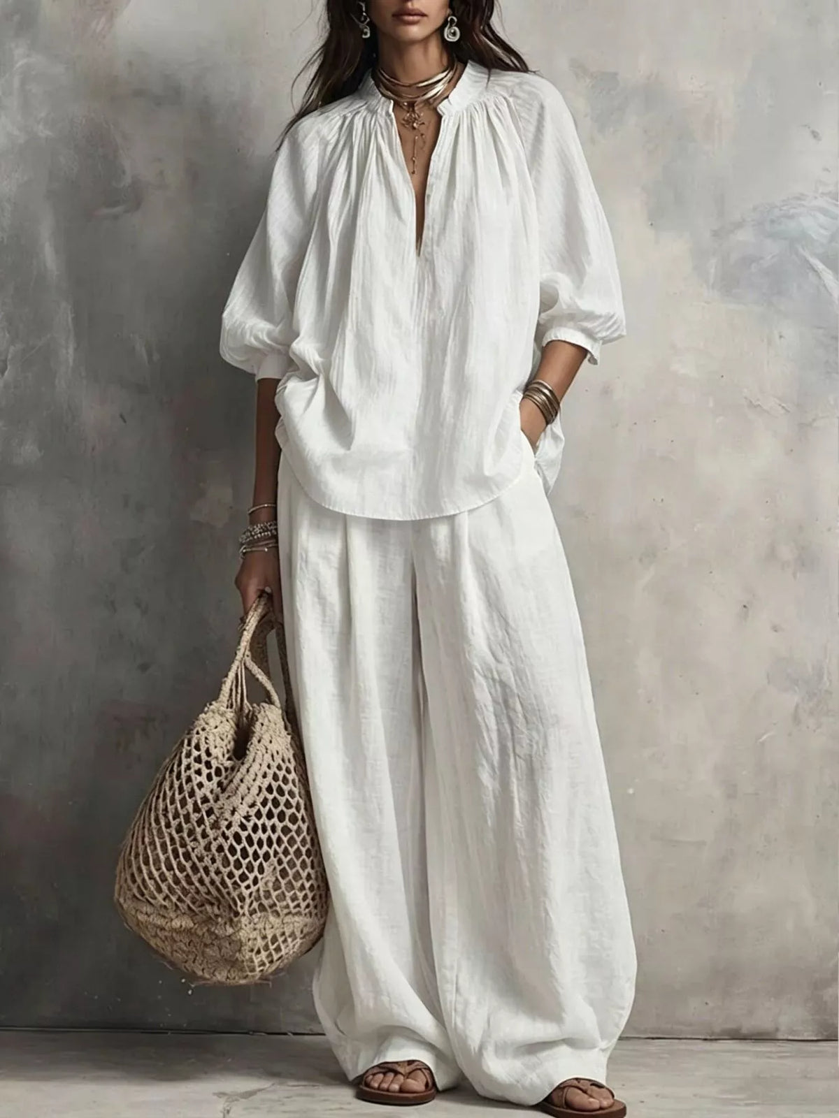 Notched Blouse and Wide-Leg Pants Set