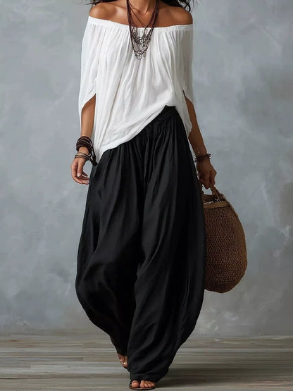 Full Size Off-Shoulder Top and Wide-Leg Harem Pants Set Plus Size