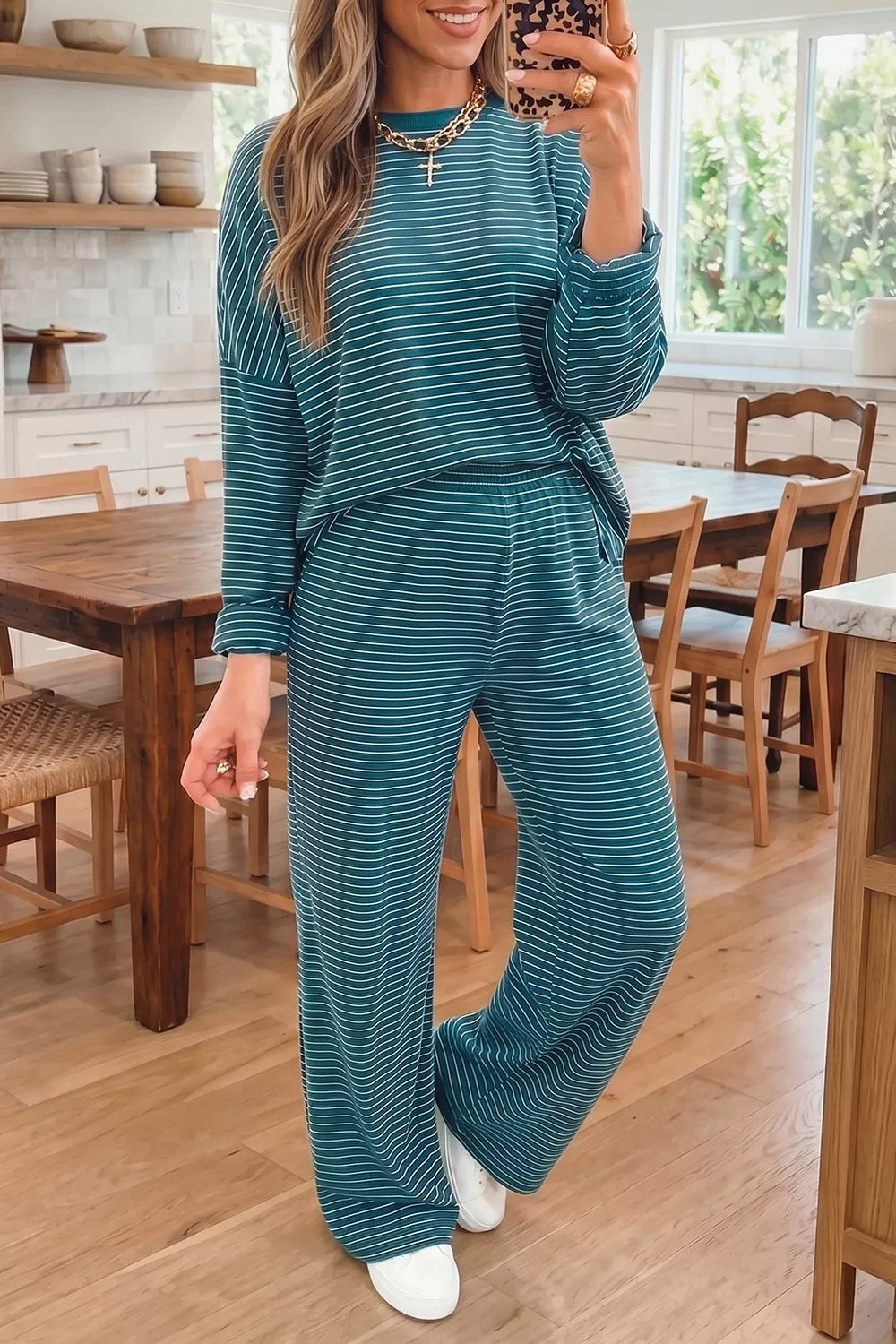 Stripe Dropped Shoulder Long Sleeve Top Elastic Waist Pants Casual 2pcs Set