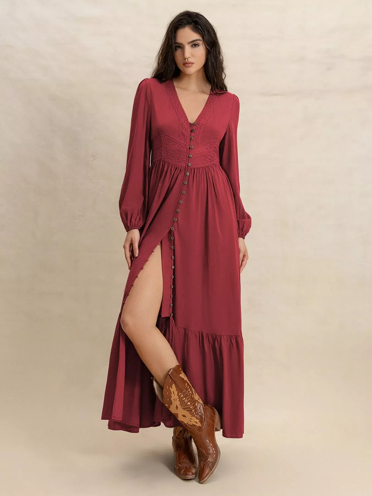 Plus Size V-Neck Balloon Sleeve Maxi Dress