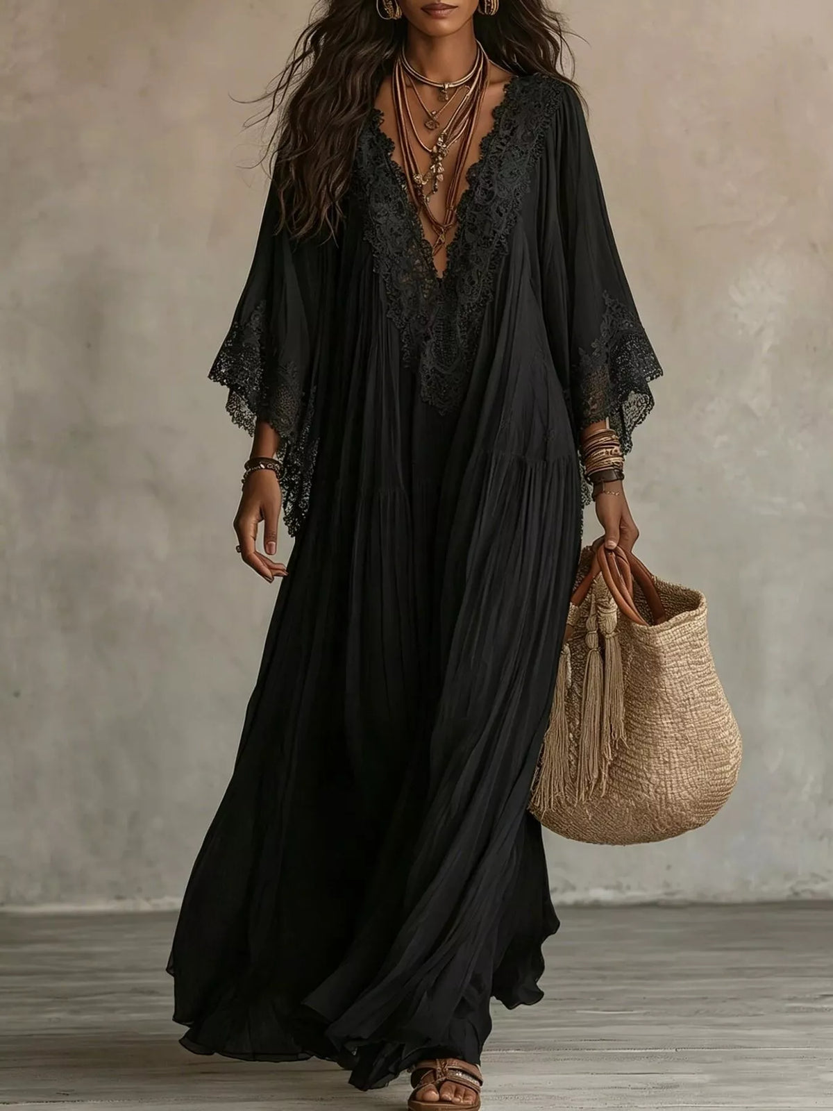 Lace Trim V-Neck Maxi Dress | Feminine Boutique Style
