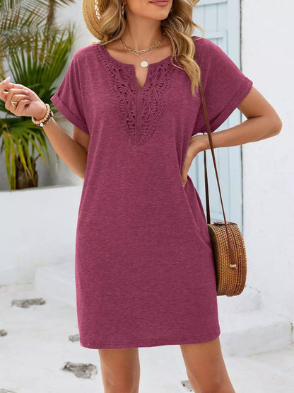 Lace Trim Notched Short Sleeve Dress
