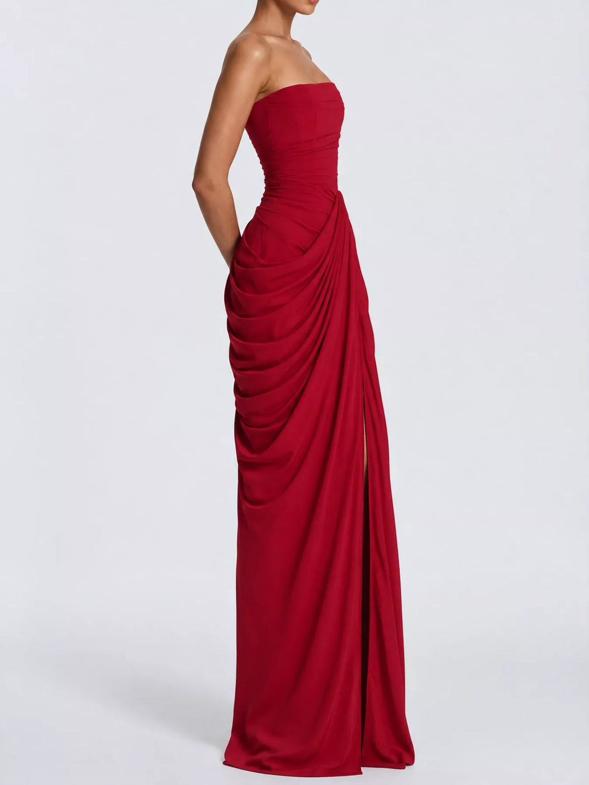 Elegant Strapless Ruched High-Slit Evening Dress