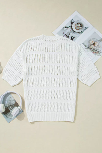3/4 Sleeve Open Knit Mesh Detail Pullover Sweater