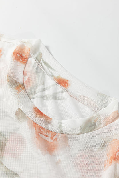 Casual Round Neck Floral Print Mesh Long Sleeve Top