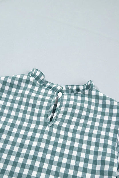 3/4 Sleeve Shirred Plaid Peplum Top