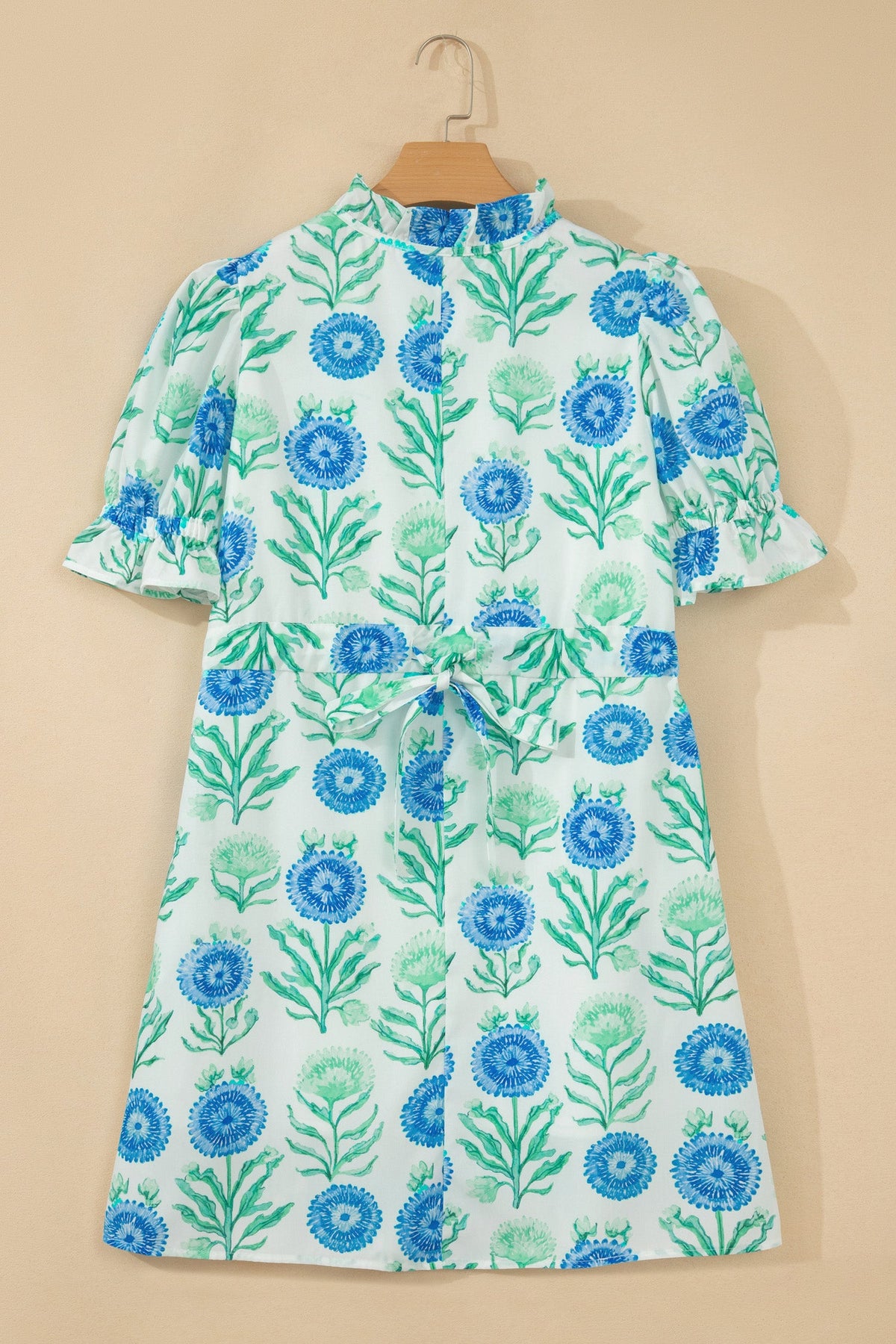 Sky Blue Floral Print Half Button Frilly Short Sleeve Dress