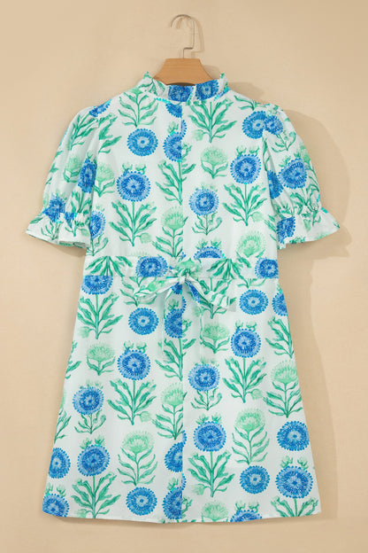 Sky Blue Floral Print Half Button Frilly Short Sleeve Dress