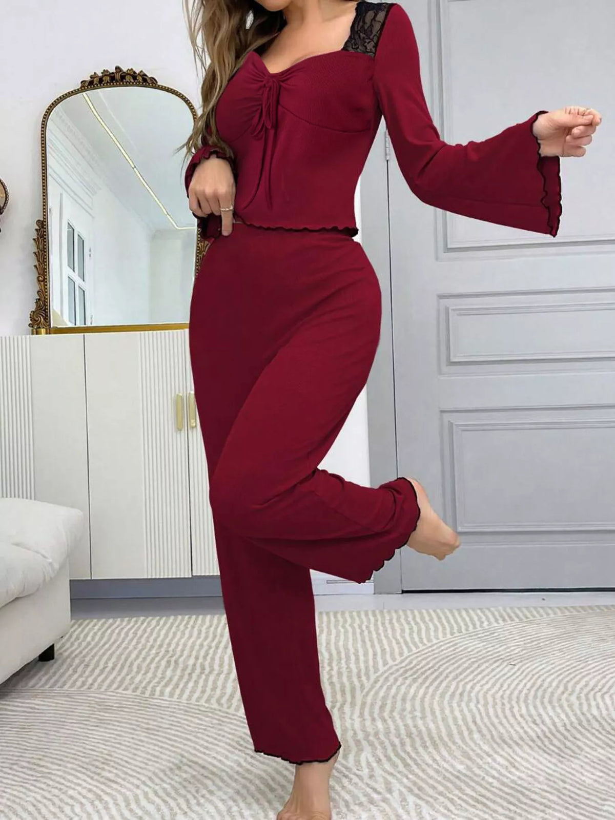 Lace Detail Flare Sleeves Top and Pants Lounge Set