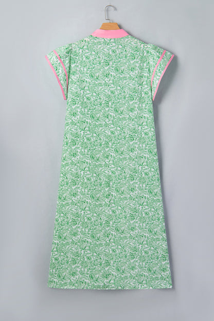 Green Plus Size Contrast Trim Flutter Sleeve Floral Kaftan Maxi Dress