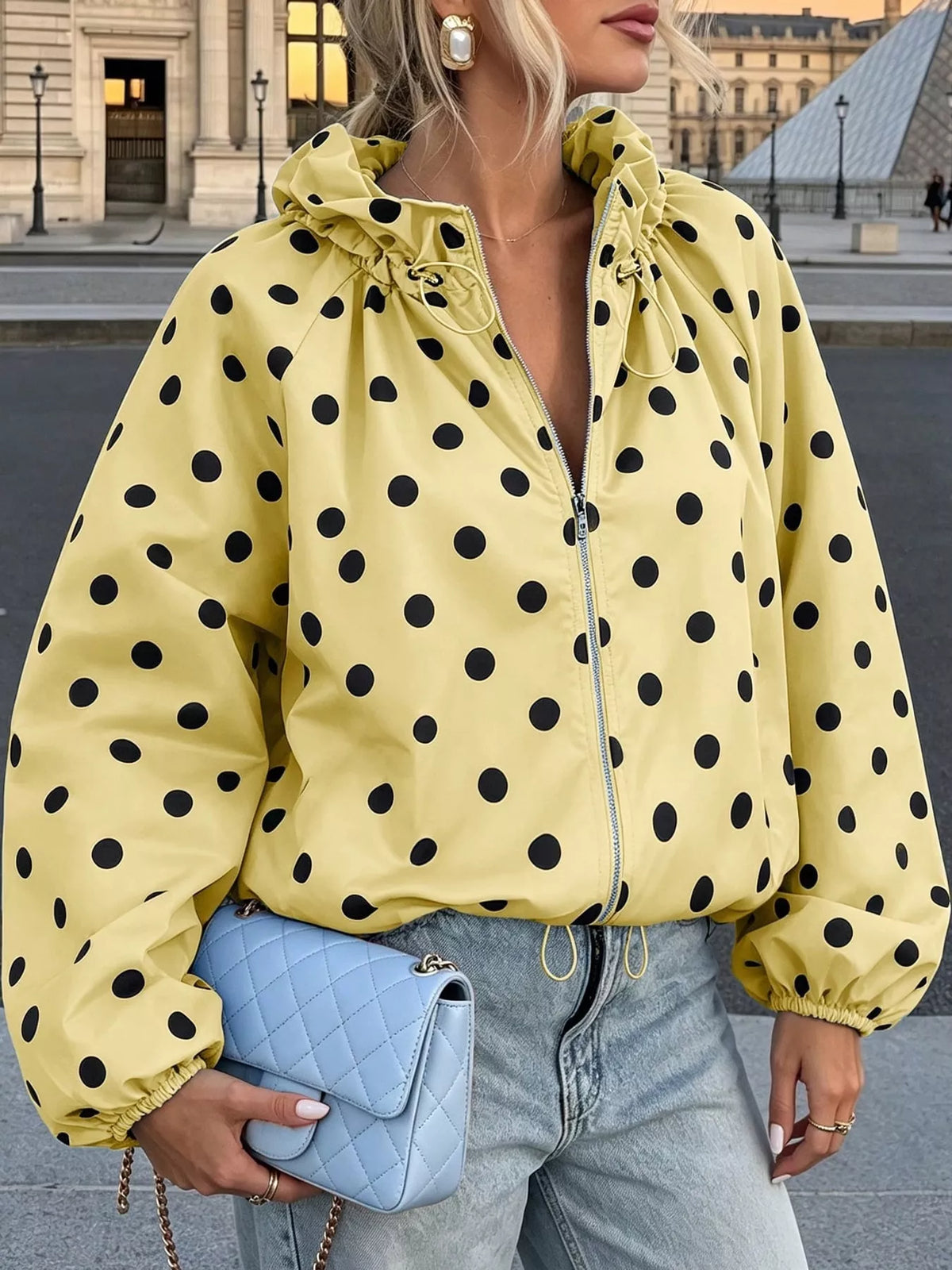 Polka Dot Zip Up Hooded Jacket