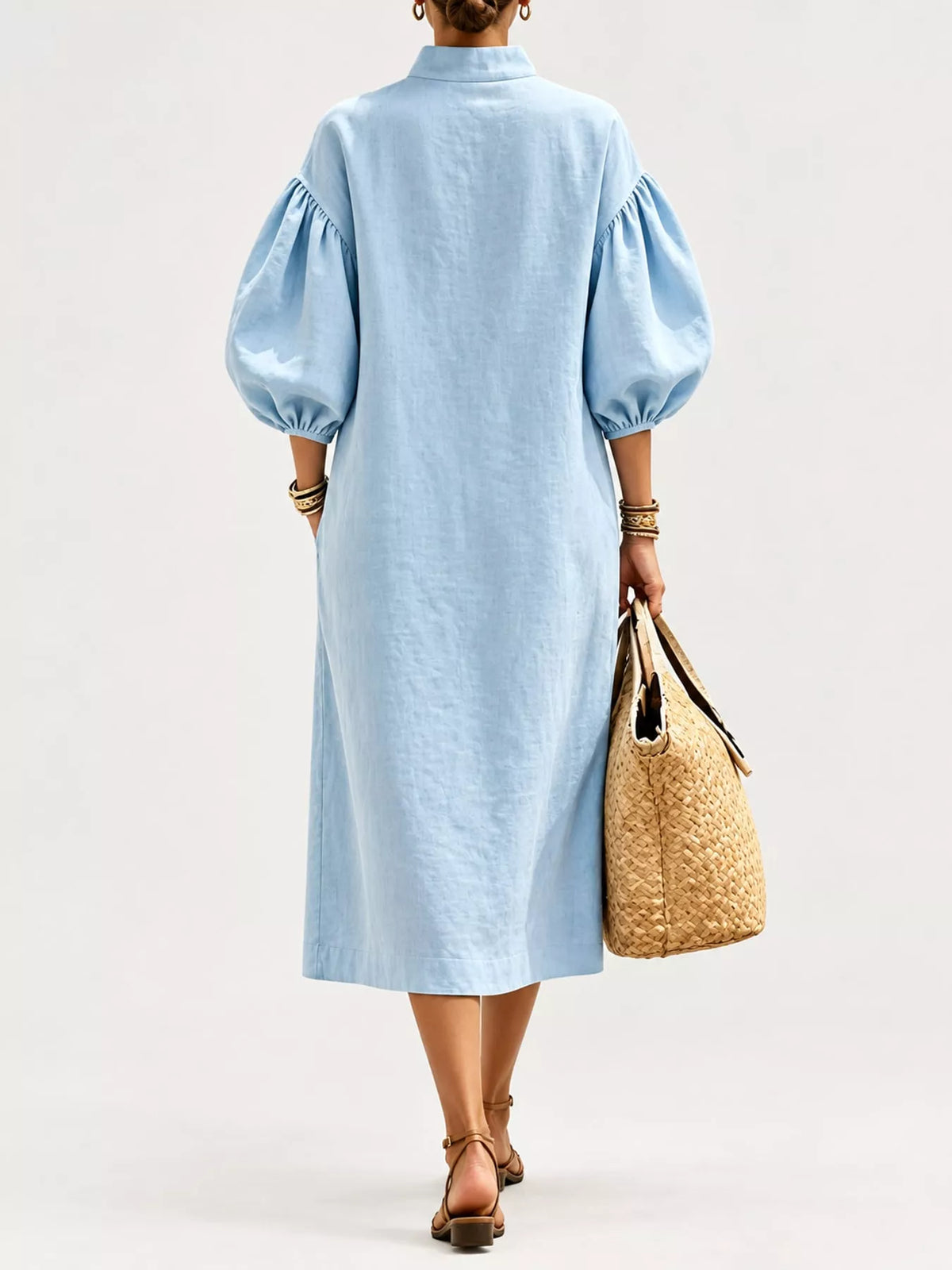 Half-Zip Puff Sleeve Midi Dress