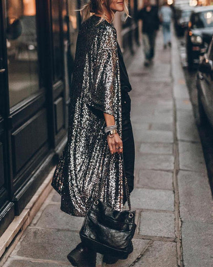 Clidress Sequin Placket Coat Long Cardigan