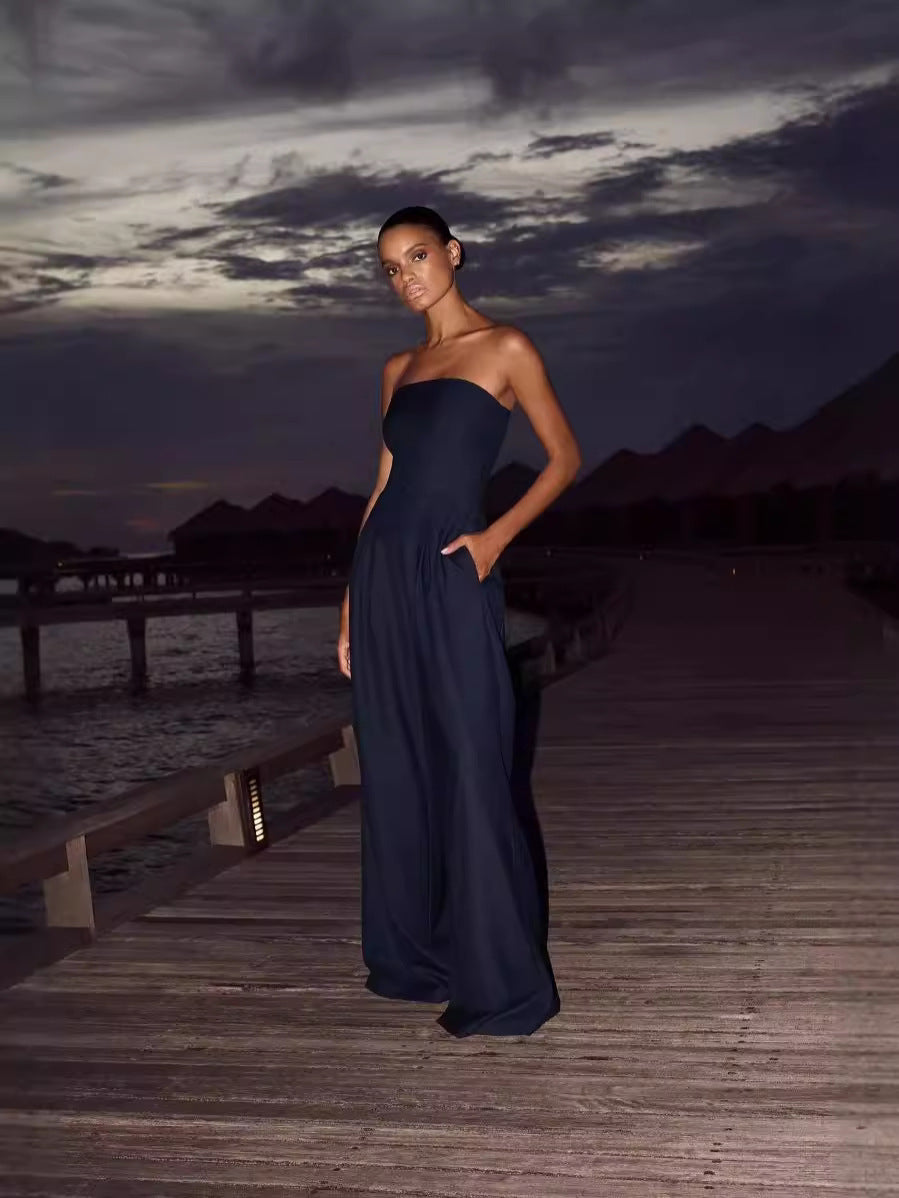 Women's Strapless Jumpsuit With Pockets Navy S