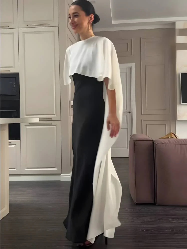 Contrast Shawl Crewneck Two-Piece Slip Skirt Set