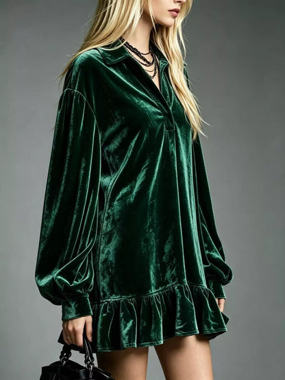 Full Size Velvet Long-Sleeve Ruffle Hem Mini Dress Plus Size
