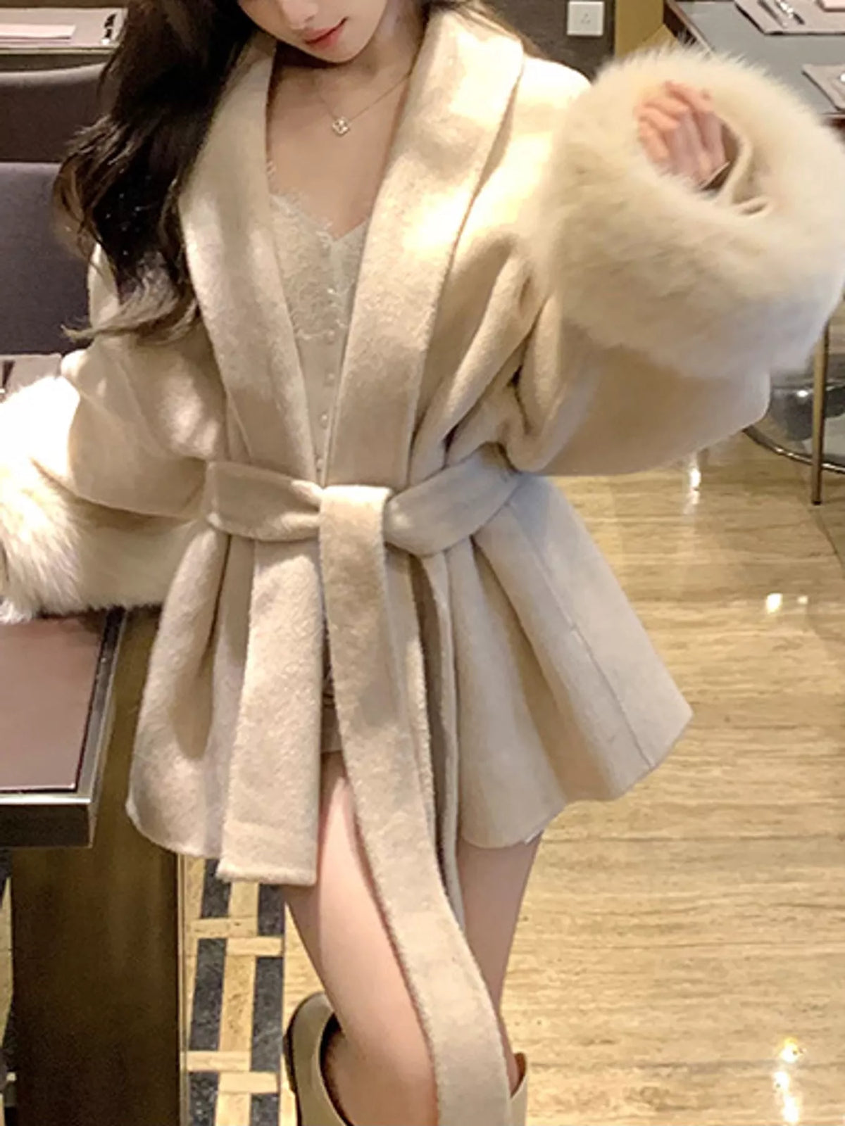 Waist Tie Outerwear with Faux Fur Cuffs