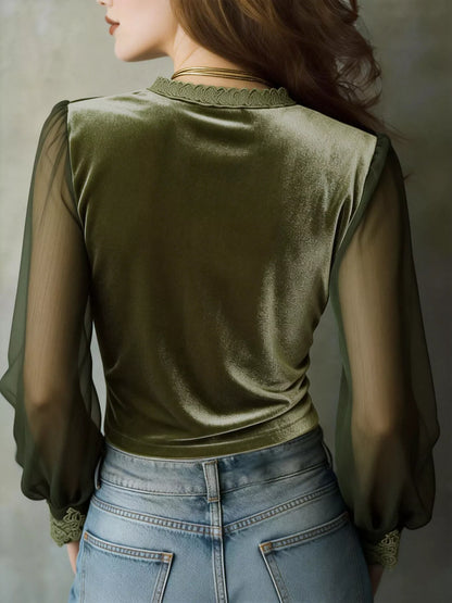 Lace-Trim Sheer Long Sleeve Blouse