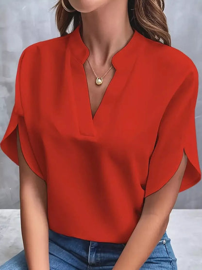 Notched Slit Short Sleeve Blouse
