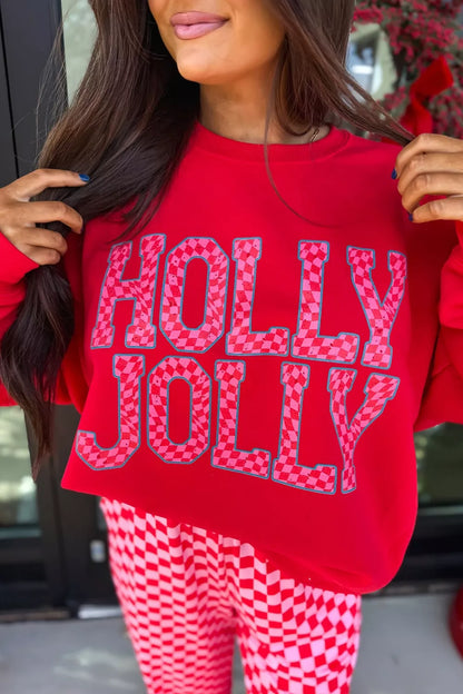 Christmas Slogan Graphic Plaid Contrast Top and Pants Set