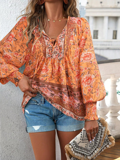 Floral Print Tie-Neck Blouse with Smocked Cuffs