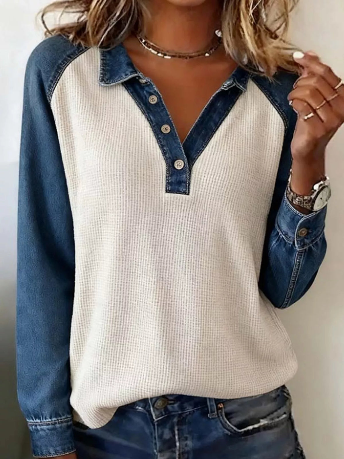 Full Size Waffle Knit Denim Patchwork Button Detail Blouse Plus Size