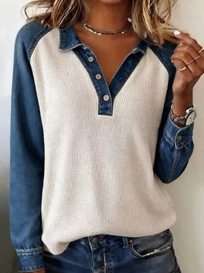 Full Size Waffle Knit Denim Patchwork Button Detail Blouse Plus Size