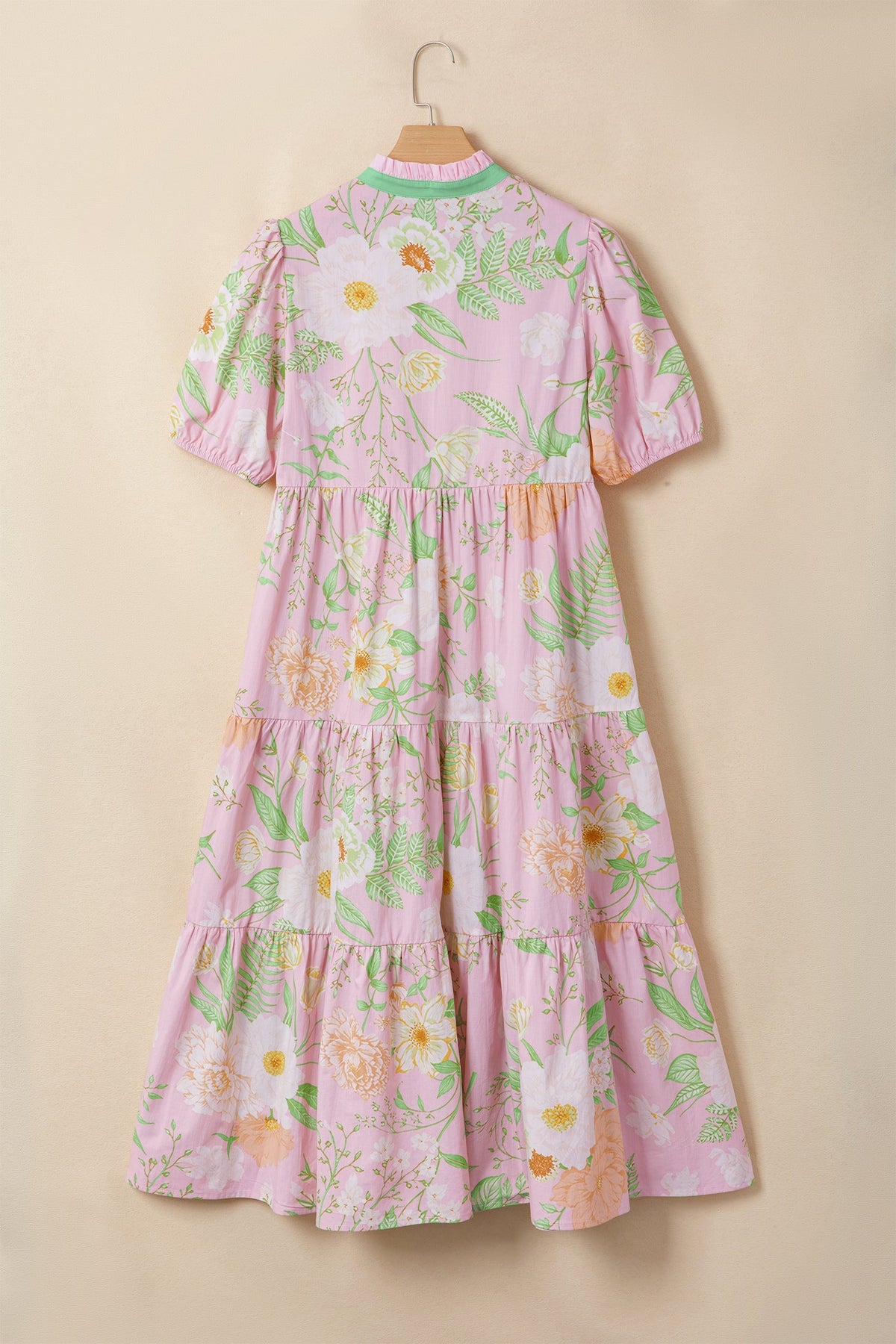 Pink Floral Print Short Puff Sleeve High Waist Tiered Maxi Dress