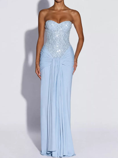Elegant Strapless Sequin Corset Maxi Dress with Draped Waist Detail