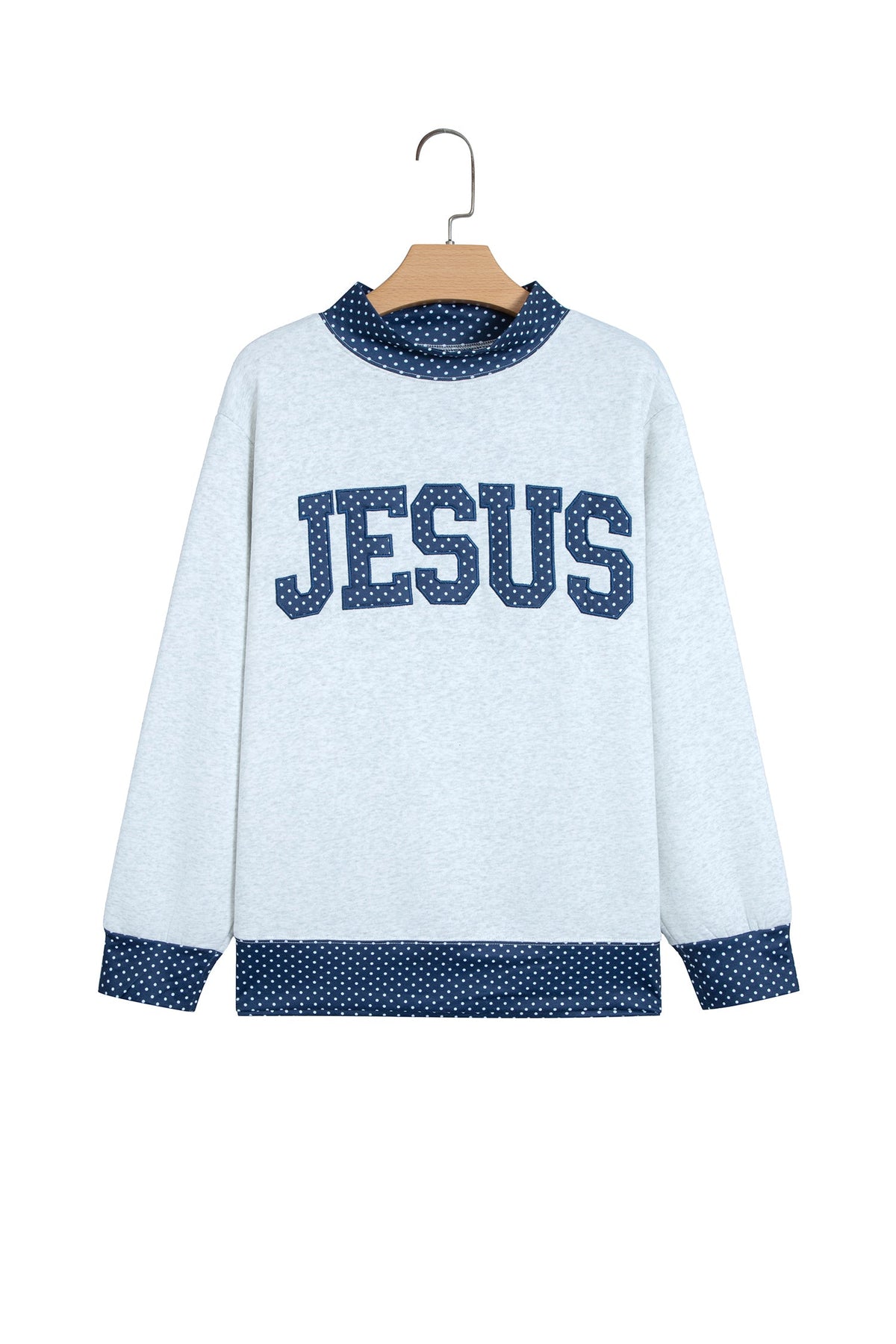 Light Grey Polka Dot Contrast Trim JESUS Letter Graphic Sweatshirt