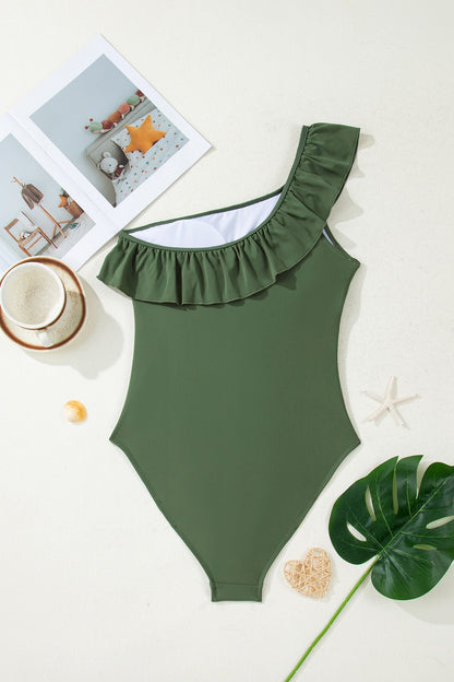 Color Black Solid Color Ruffle Trim Asymmetric Neck One Piece Swimsuit