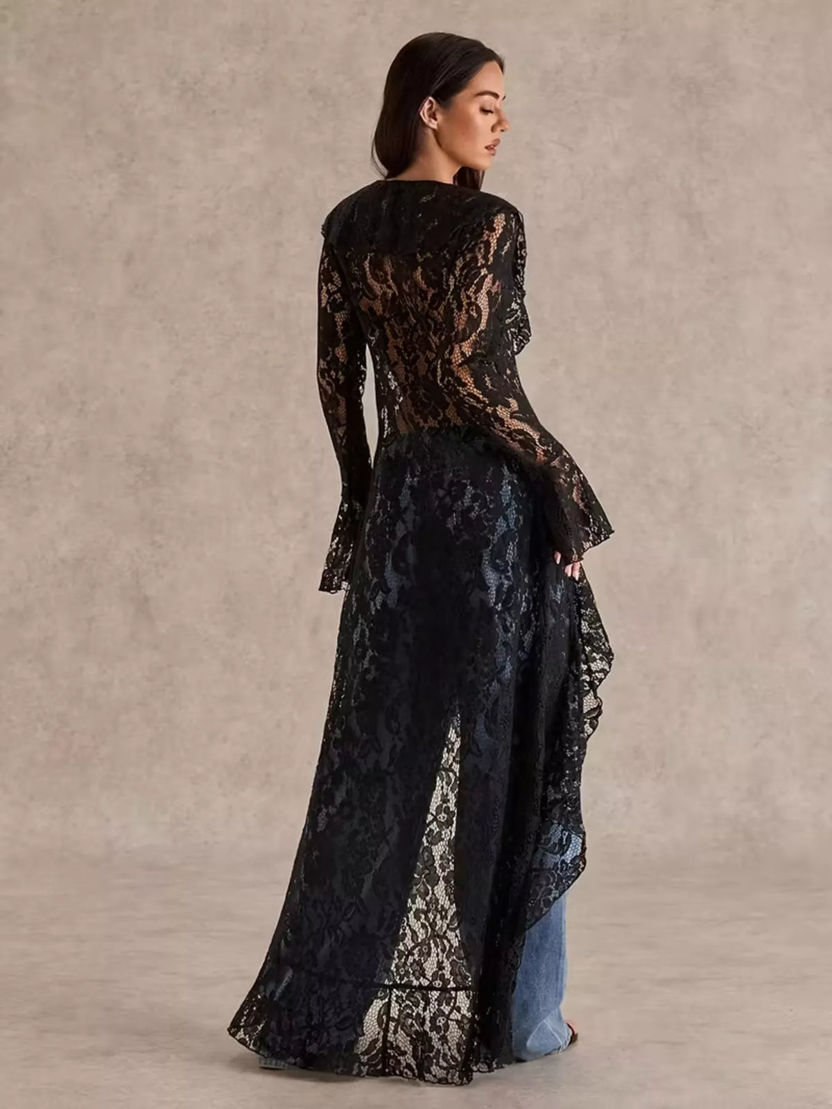 Lace Ruffle Trim High-Low Blouse