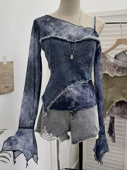 Asymmetrical Neck Denim Patchwork Top