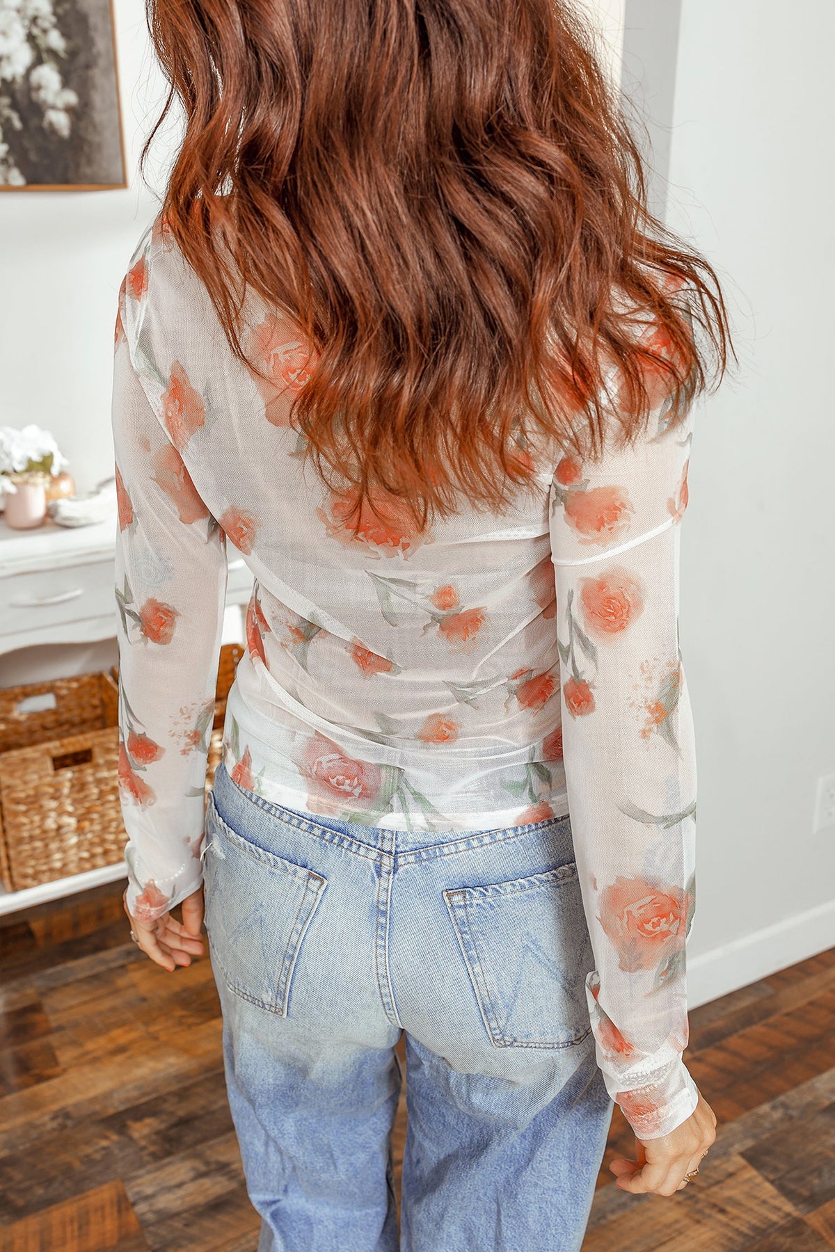Casual Round Neck Floral Print Mesh Long Sleeve Top