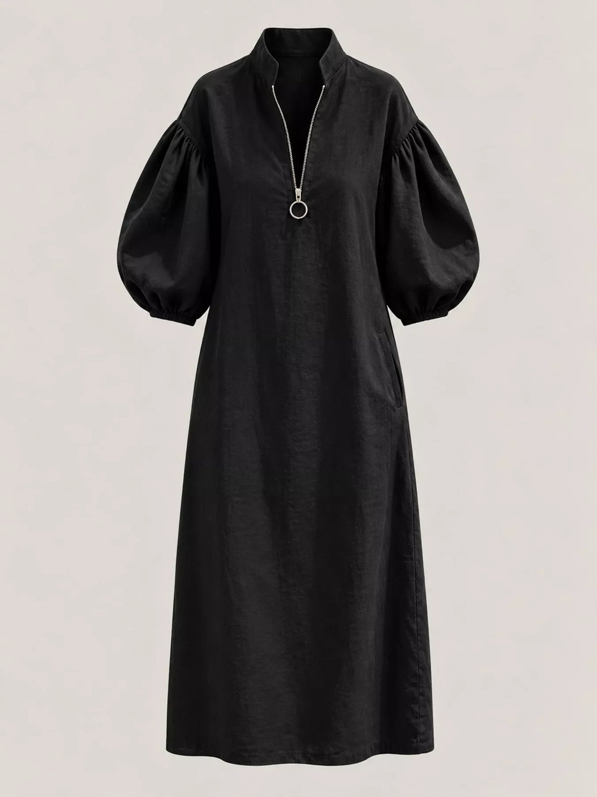 Half-Zip Puff Sleeve Midi Dress