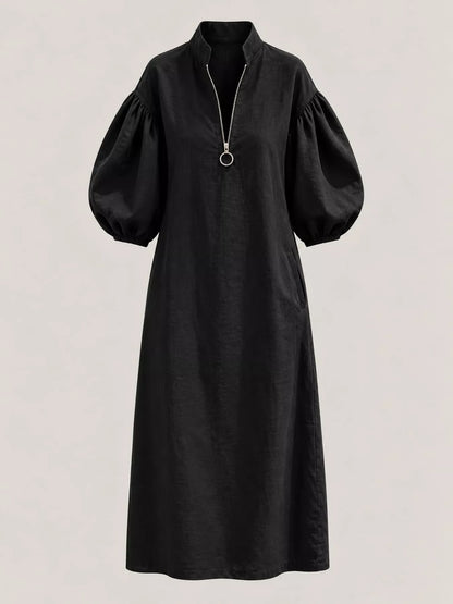 Half-Zip Puff Sleeve Midi Dress