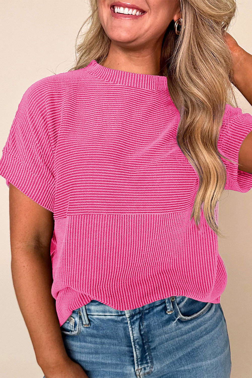 Bright Pink Plain Corded Knit Mock Neck T Shirt