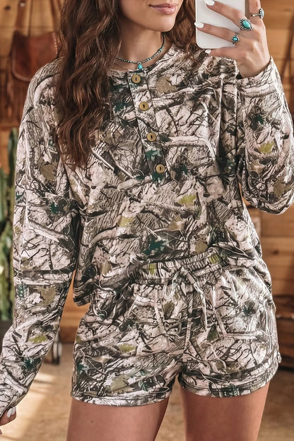 Camo Long Sleeve Top Elastic Waist Shorts Two Piece Set